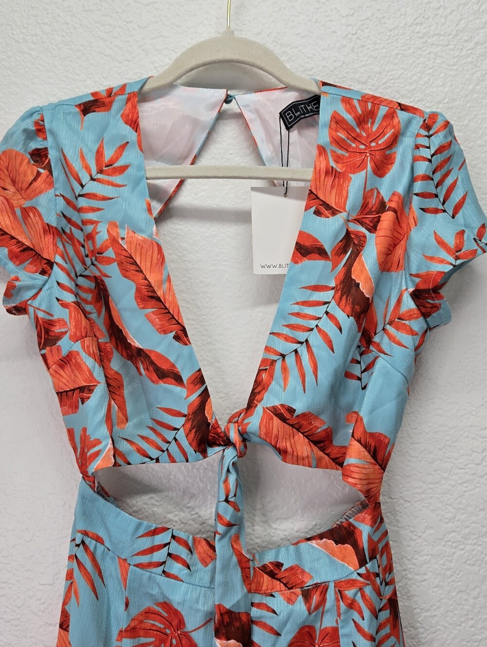 Blithe Blue Orange Leaf Print High Slit Maxi Dress Attached Shorts Romper Sz M - Picture 4 of 17